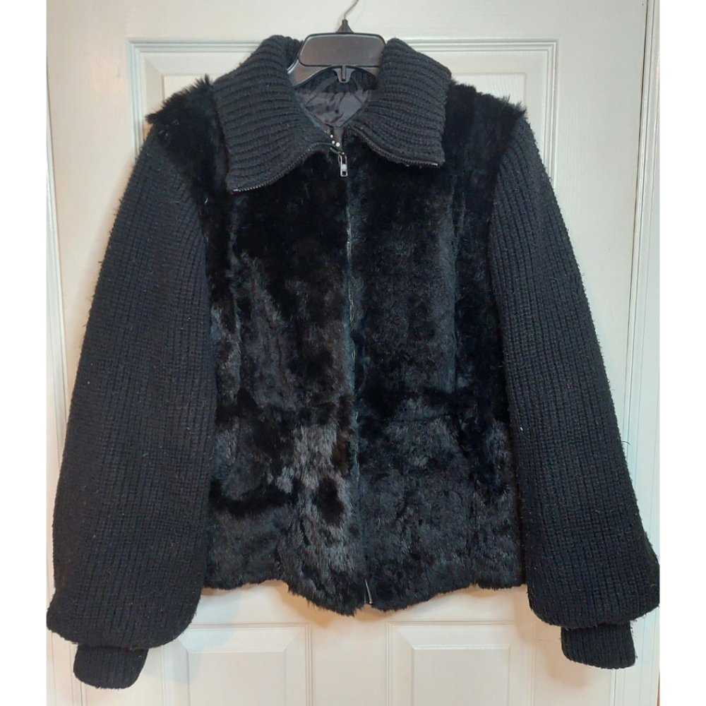 Nika Black Faux Fur Knit Puff Sleeves Bomber Jacket Y2K Baddie Moto Size L